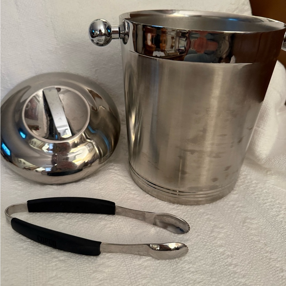COPCO Vtg Mid Century Modern Stainless Ice Bucket Bar Shiny Chrome Lid Tongs - Picture 2 of 10